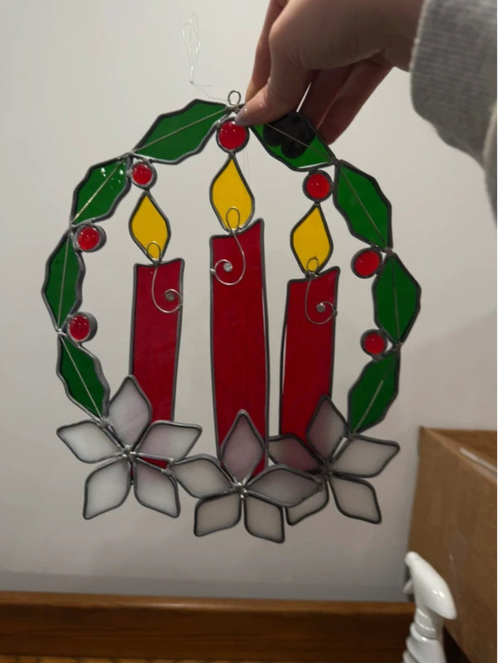 Vintage Stained Glass Christmas Candle Wreath Suncatcher Poinsettia